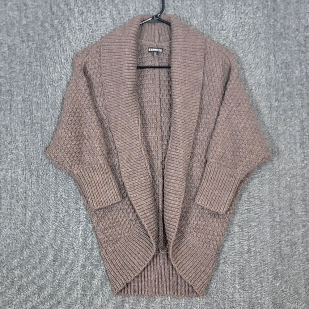 Express Sweater Cardigan Womens XS Brown Wool Alpaca Blend Open Front 3/4 Sleeve